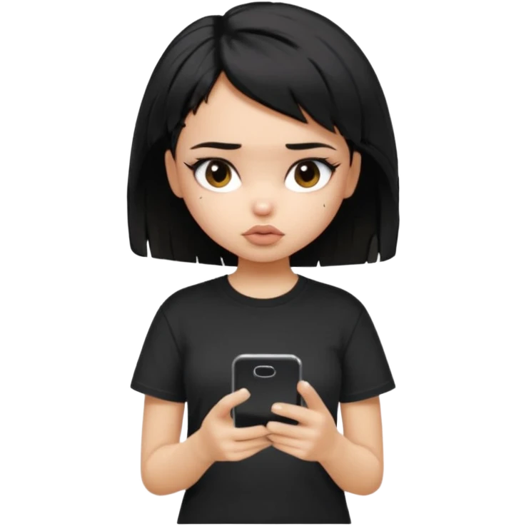 generate a pretty bratz girl with short black very messy hair, looking tired and using her phone, wearing an oversized black tshirt emoji