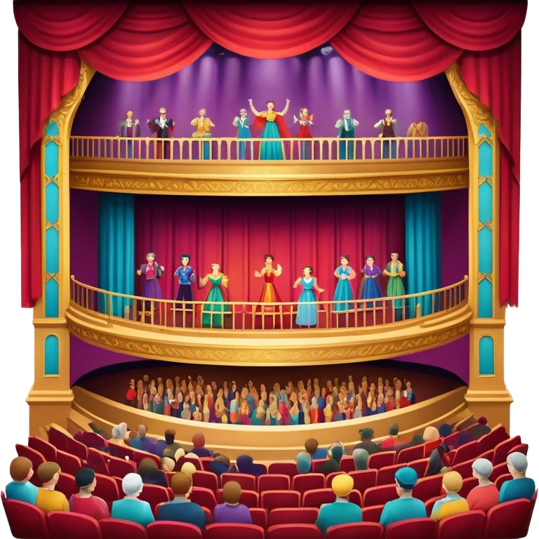 An icon showing a grand theater stage with actors performing in a vibrant play, surrounded by dramatic lighting. The audience watches from colorful balconies, adding to the lively atmosphere. The design captures the magic of live theater, set against a transparent background. emoji