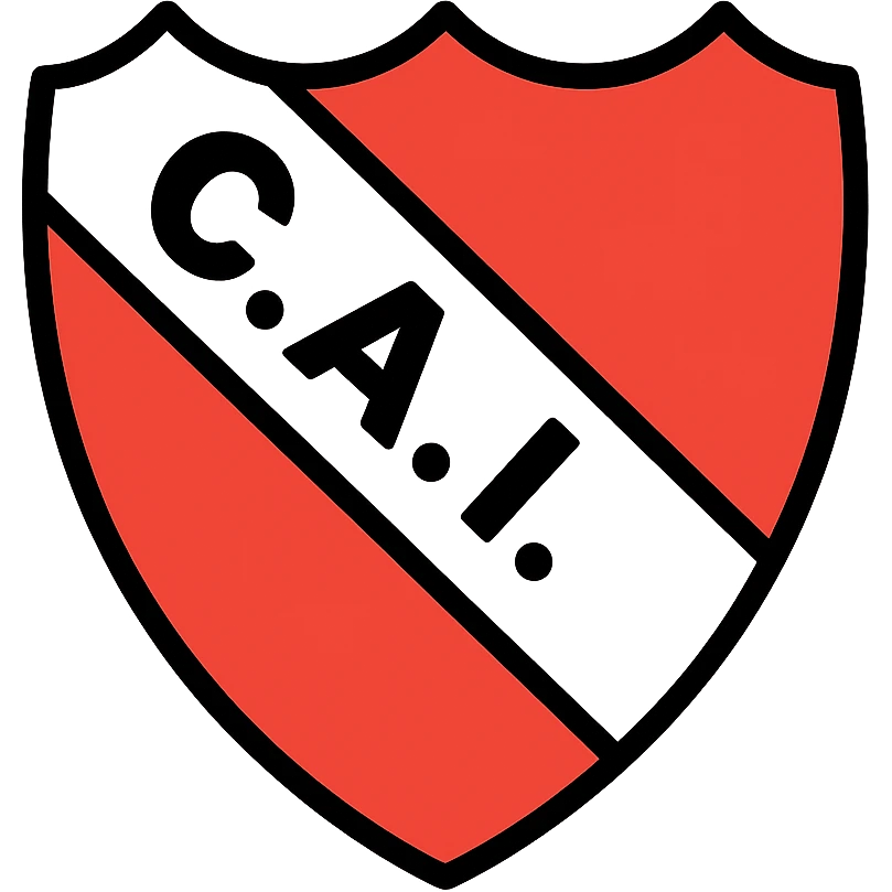 traditional soccer club shield with three-pointed top and rounded base, white border, red background, white diagonal stripe from upper left to lower right, black strong simple capitals 'C.A.I.' spaced and centered with black dots between letters emoji