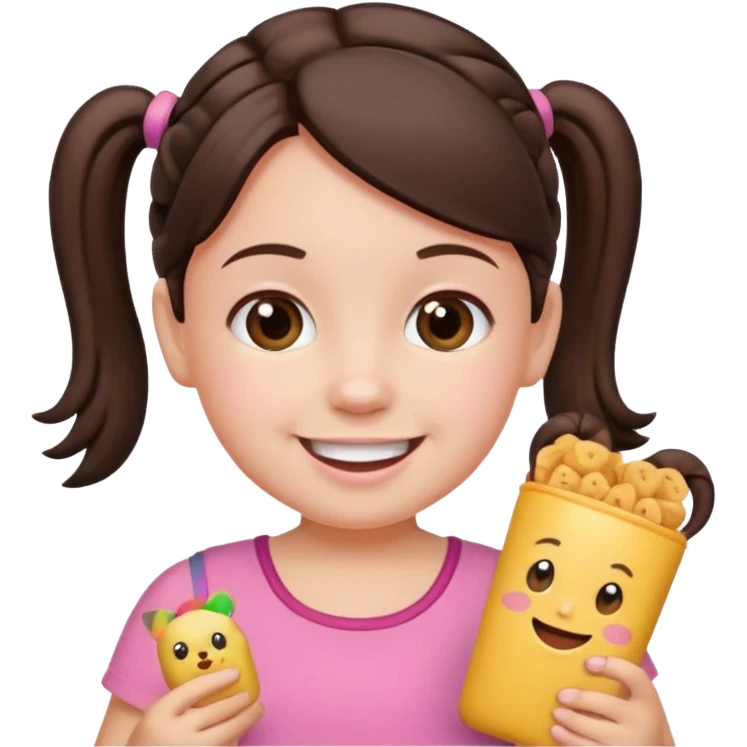 Toddler emoji with two pigtails dark brown hair, fair skin, in pink top, holding toddler snacks emoji