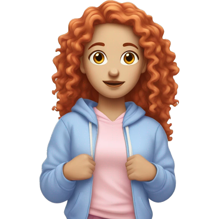 white girl with long red curly hair, wearing a pastel periwinkle hoodie doing a pose emoji