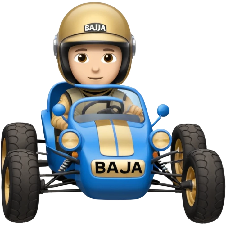 A small blue and gold dune buggy featuring a driver in a motorcycle helmet, with the word "BAJA" displayed on the side panel. emoji