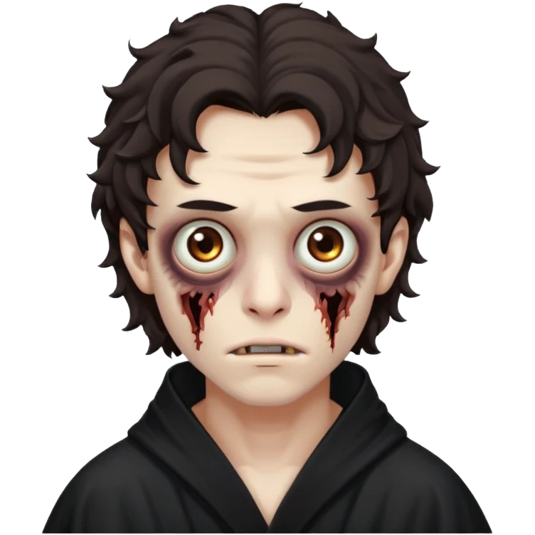 это должен быть юноша, одет в черную мантию, глаза цвета хамелион, но более коричневые, выглядит как зомби и еще длинные немножко кудрявые волосы темно коричневого цвета emoji