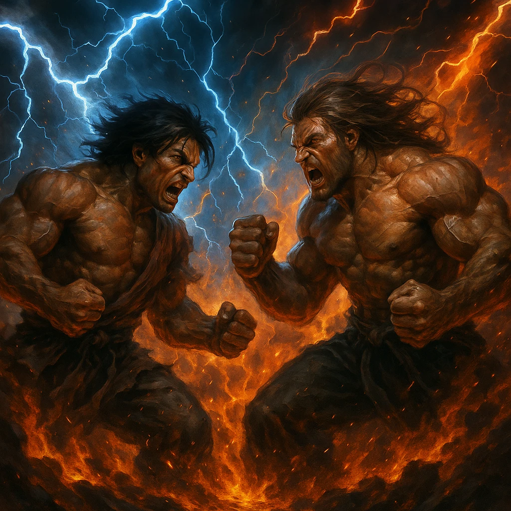 angry fight final battle, epic showdown, lightning and fire effects, powerful stances emoji