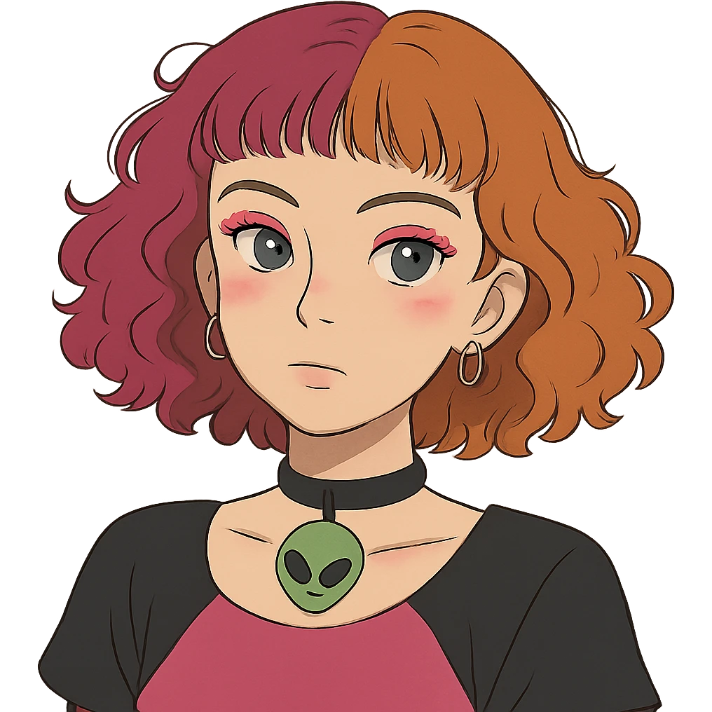 girl with blue eyes, pink makeup, narrow eyebrows, earrings, green alien head choker, black and pink blouse, curly shoulder-length hair, half hot pink half ginger, short straight baby bangs emoji