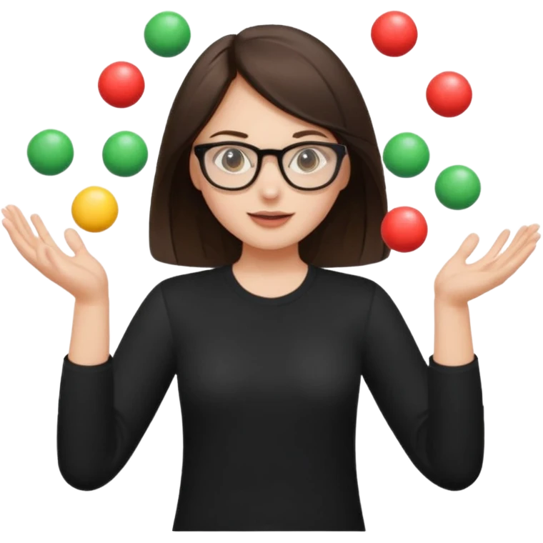 a brunette girl in a black shirt wearing glasses is  juggling  with two hands  emoji
