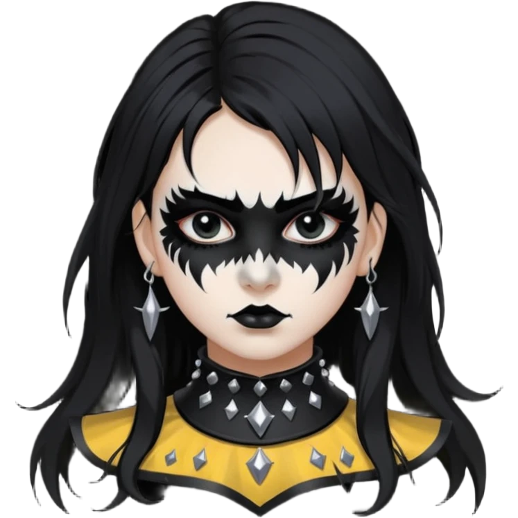 Crea una ragazza con stile black metal,  paint face black metal, capelli neri, mossi dalle spalle e occhi bianchi e un collare con borchie a punta emoji