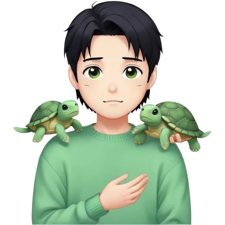 Gorgeous pastel green sweater black hair anime style shojo guy with blushing face and, turtle, aesthetic, trending style outside  emoji