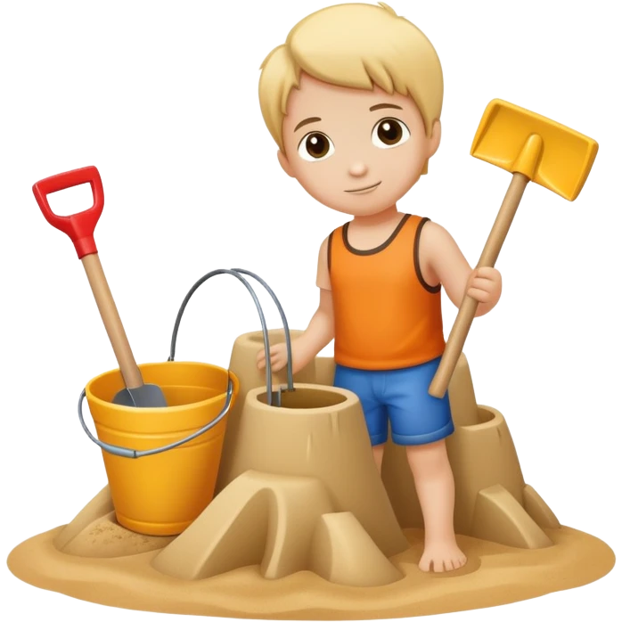 child with a bucket and shovel next to a sandcastle emoji