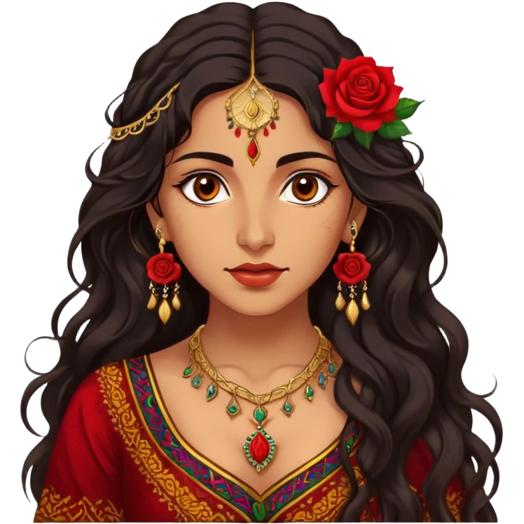 A beautiful Romani woman with deep, expressive eyes and long, wavy dark hair. She wears a vibrant, traditional outfit with intricate patterns and golden jewelry. A single red rose is tucked behind one ear, adding a touch of elegance. Her expression is confident and mysterious, with warm lantern light casting a soft glow on her face, evoking a sense of freedom and passion emoji