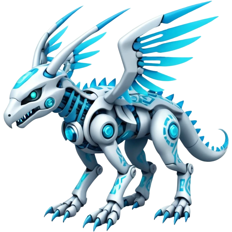 Futuristic mechanical modern badass cool shiny white with glowing cyan-blue animal Digimon Fakémon hybrid full body with intricate patterns emoji