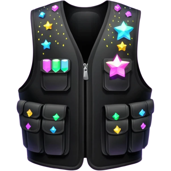 all-black bulletproof vest, surrounded by glowing sparkles emoji