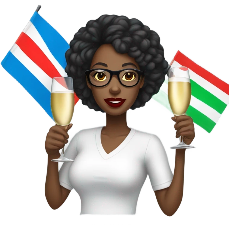 A bald black woman with glasses woman in a white tee shirt with red, black, and green flag in one hand and a glass of champagne in the other, with blue lipstick. emoji