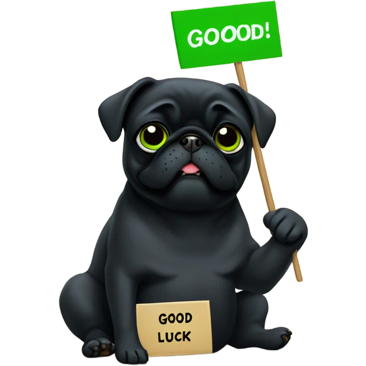 Black pug holding a green sign that says good luck  emoji