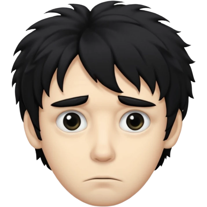 Hair: Messy, shaggy black hair that sticks out in uneven tufts, like he never bothers to style it.

Eyes: Big, heavy-lidded eyes with dark circles/eye bags, giving him a tired, haunted stare.

Skin: Very pale complexion emoji