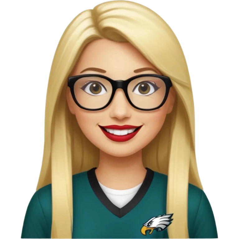 long blonde straight hair, black rectangle glasses, smiling, lipstick, full length eagles uniform, 33 emoji