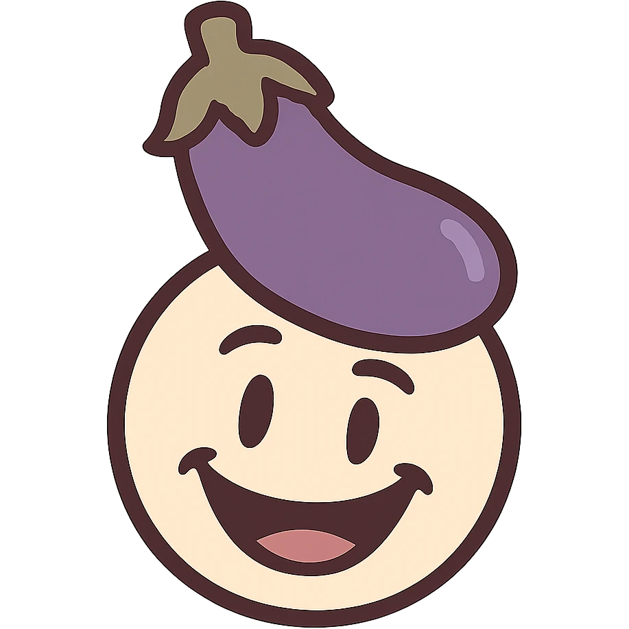 cartoon style smiley face with an eggplant as a hat emoji