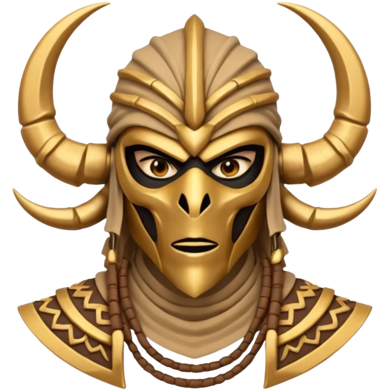 desert scorpion guard portrait, head and shoulders only, tribal mask, gold desert jewelry, fierce expression, sandy hood, 3D cartoon, mobile game icon style, clean background, no text, no watermark
 emoji