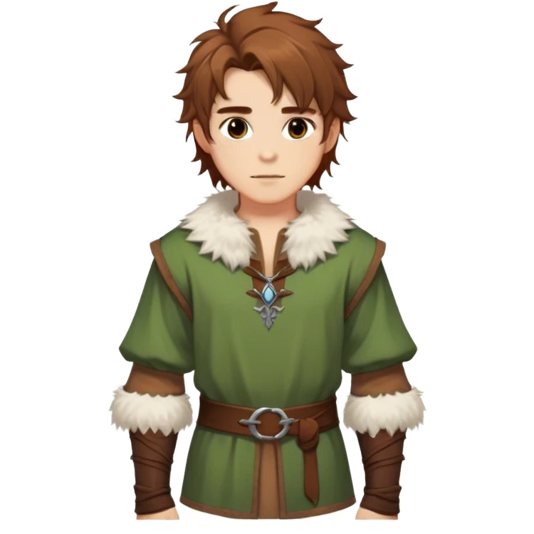 medieval spring outfit worn by a DnD themed fantasy male character. cotton tunic with sleeves rolled to the elbow, featuring a light fur-lined collar for chilly mornings. clothes only above the waist. The clothes full waist. The character's haven't arms. character is white-skinned, chestnut brown hair, amber eyes, shoulder-length messy hair. emoji