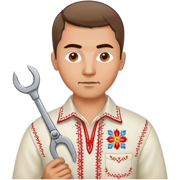 Ukrainian man with traditional embroidered shirt (vyshyvanka) holding a metal spanner wrench and red scissors emoji