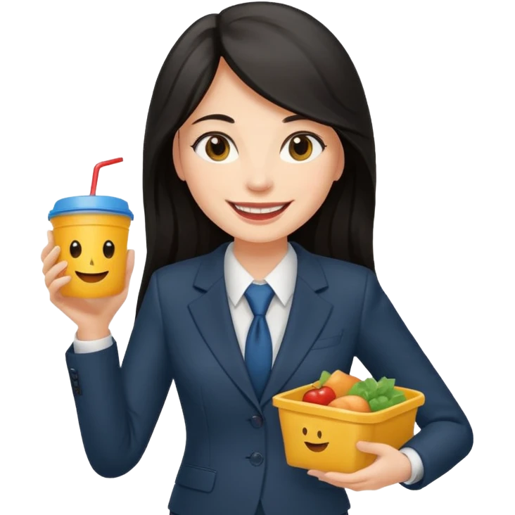 long dark haired woman with suit holding food container emoji