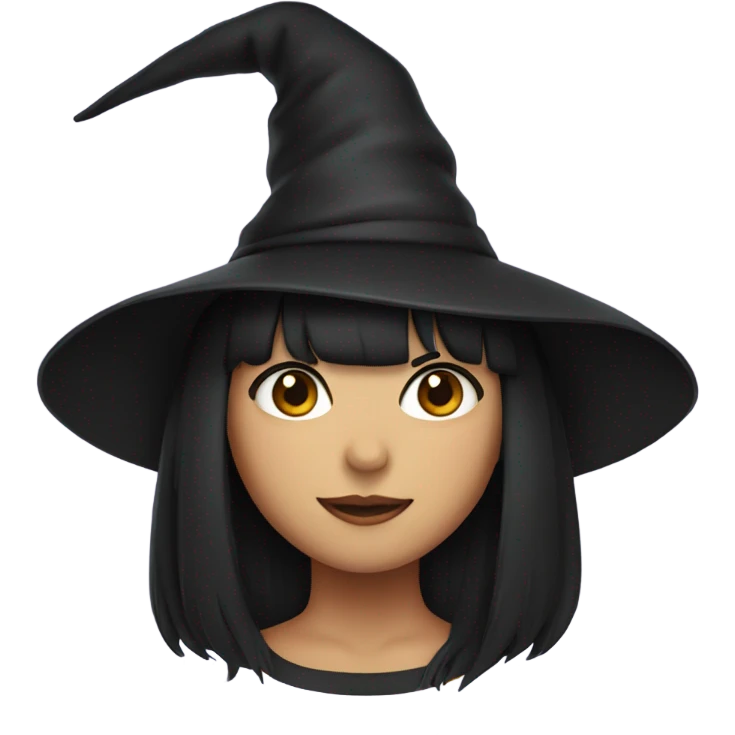 Girl with black hair and bangs wearing a witch hat emoji