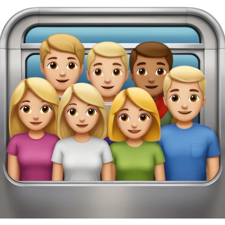 five happy people, mix of women and men, close with each other, inside a subway car resembling Apple emoji subway, wearing t-shirt style clothes in different light colors, Apple emoji style emoji