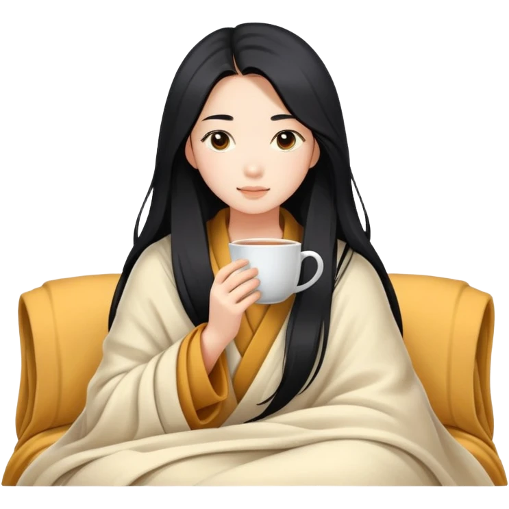 Asian girl with long black hair wrapped in a blanket and drinking tea emoji