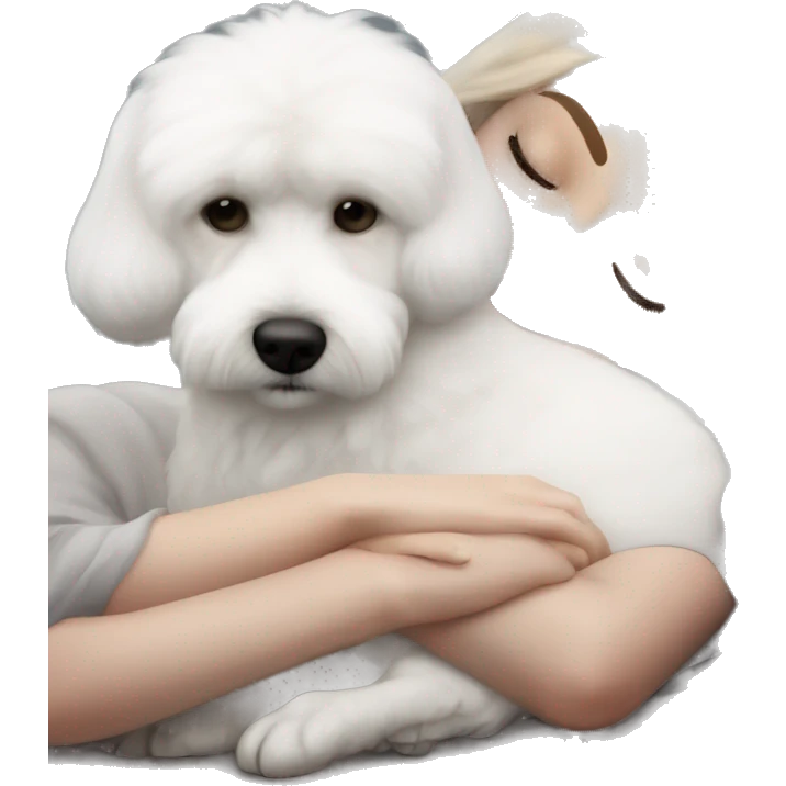 White dog Bichon Frise sleeping on brunette white girl's lap emoji