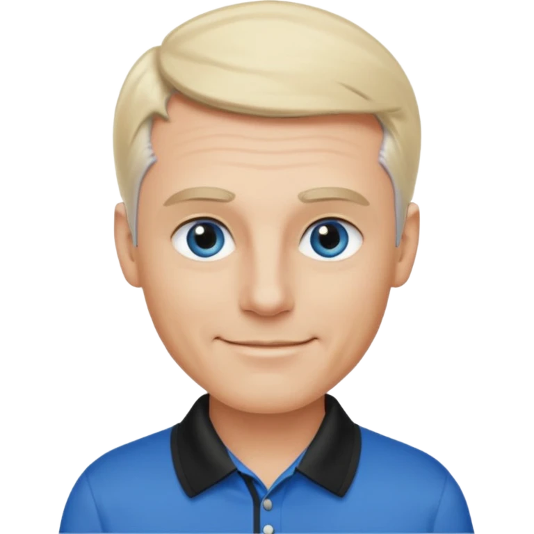 Avatar pic male gray hair blue eyes clean shaven blonde eyebrows high cheekbones sly smile long eyelashes wearing a black golf shirt emoji