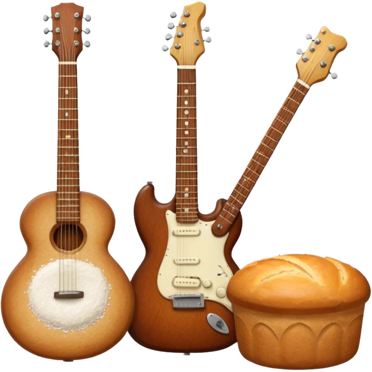 a bottle of salt (salt shaker) and a loaf of peasant bread with a small SG Gibson electric guitar emoji