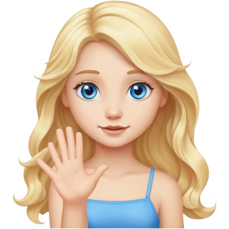 A cute blonde girl with long hair and blue eyes waves arm hello emoji