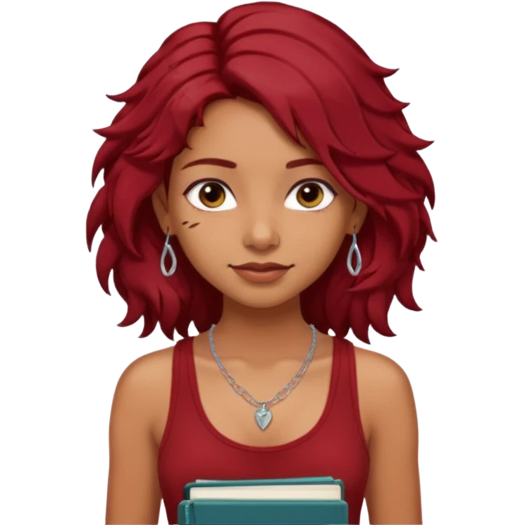 a pretty tan indian bratz girl with messy dark wavyred hair, wearing a dark red tank top, layered silver necklaces. Carrying multiple sketchbooks emoji
