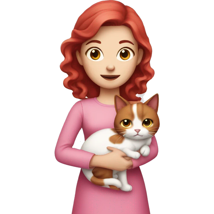 Dark Red hair, white skin wearing pink dress girl who is holding a cat emoji