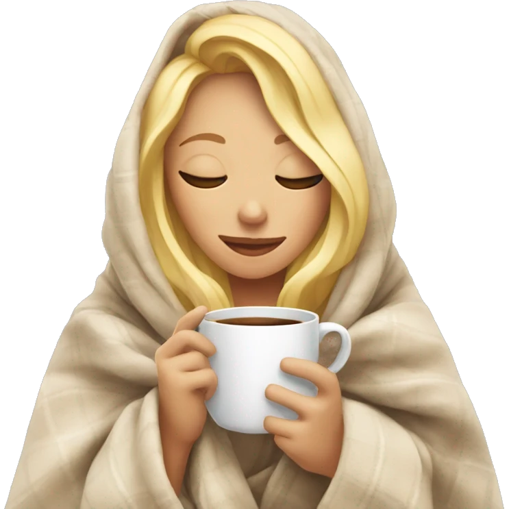 blonde girl inside a blanket sipping coffee eyes closed emoji