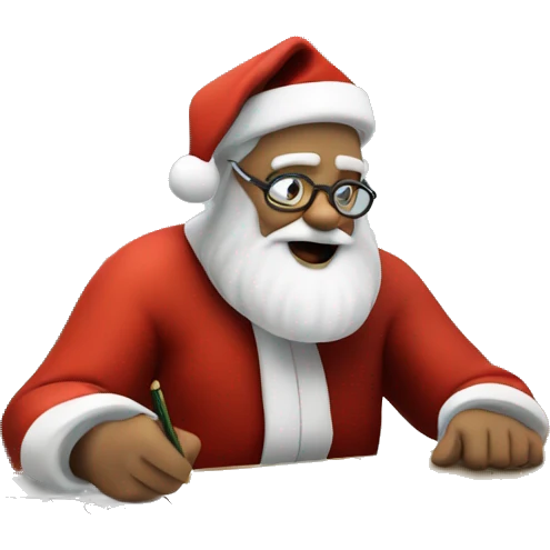Father Christmas is sitting on a desk, writing something down on a sheet of paper, solving complicated math puzzles  emoji