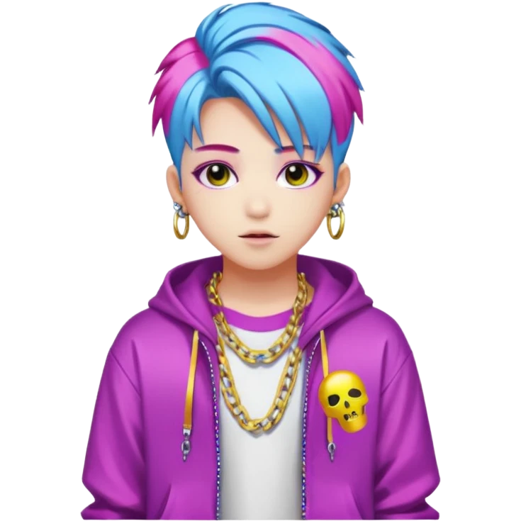 portrait-of-young-ghost-idol-in-kpop-style,-wearing-flashy-streetwear-outfit,-colorful-dyed-hair,-confident-pose,-accessorized-with-chains- emoji