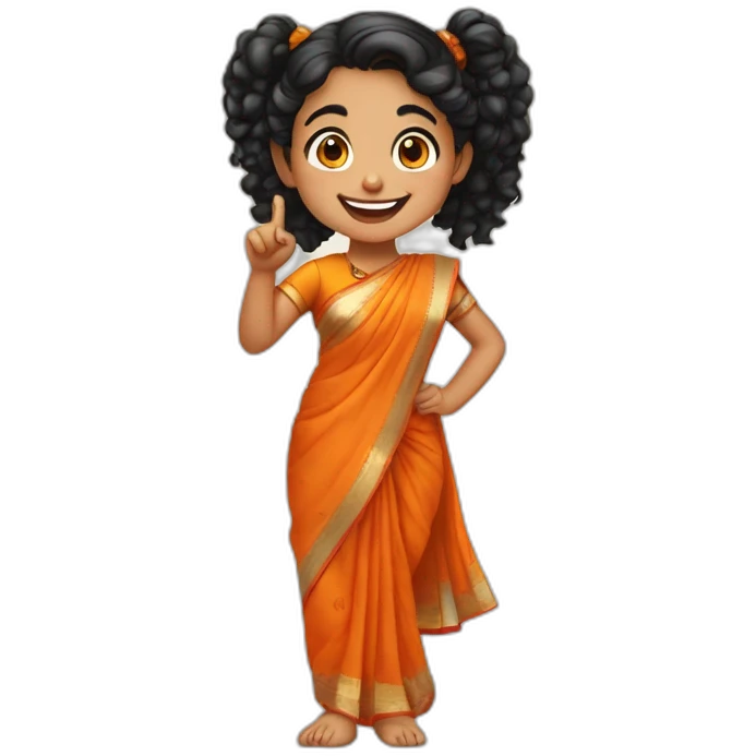 smiling and pointing 3 years old indian girl with black curly hair in pigtails wearing a orange saree emoji