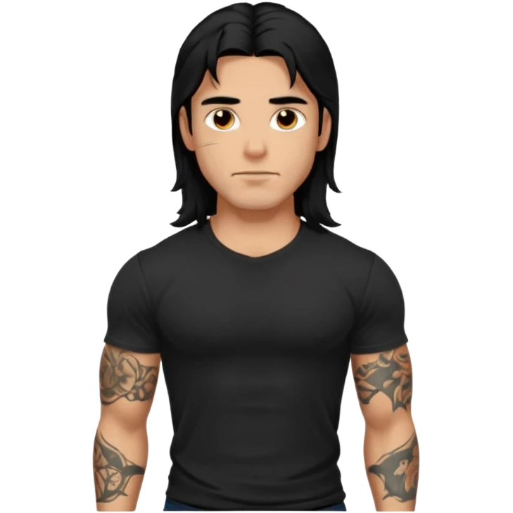 Spanish male.
Untucked loose fitting black t-shirt. 
long black hair.
muscular.
Even More tattoos. 
Peaceful emoji