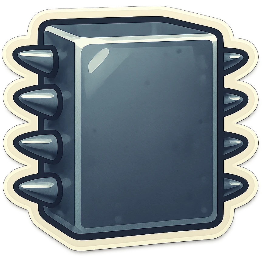 head-on view of a metal slab with many short, fat spikes evenly spaced along each visible side edge, no spikes on the corners, large blank front face, retro sticker style emoji