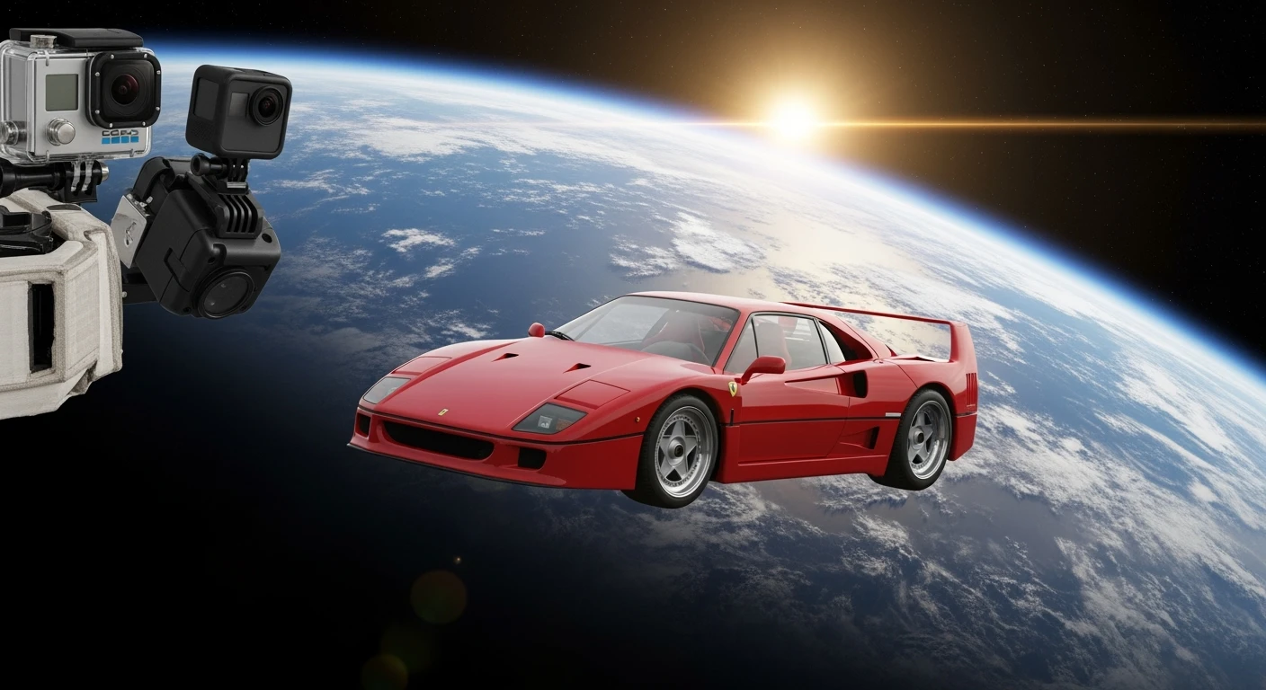 Cinematic still of a ferrari f40 floating in space, shot by space camera connect to spaceship, sun flare, big earth in background, captured by gopro emoji
