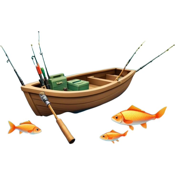 Icon for Fishing Travel: a boat on a calm lake surrounded by mountains and lush greenery, with fish jumping out of the water, a fishing rod, tackle box. The icon should capture the peaceful and adventurous nature of fishing trips. Transparent background. emoji