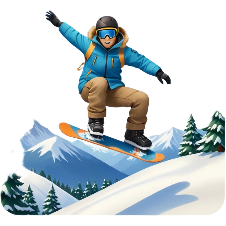 An icon featuring a snowboarder mid-jump, performing a stylish trick above a snowy mountain slope. The background showcases powdery snow, evergreen trees, and a bright blue sky. Transparent background captures the energy, skill, and thrill of snowboarding. emoji