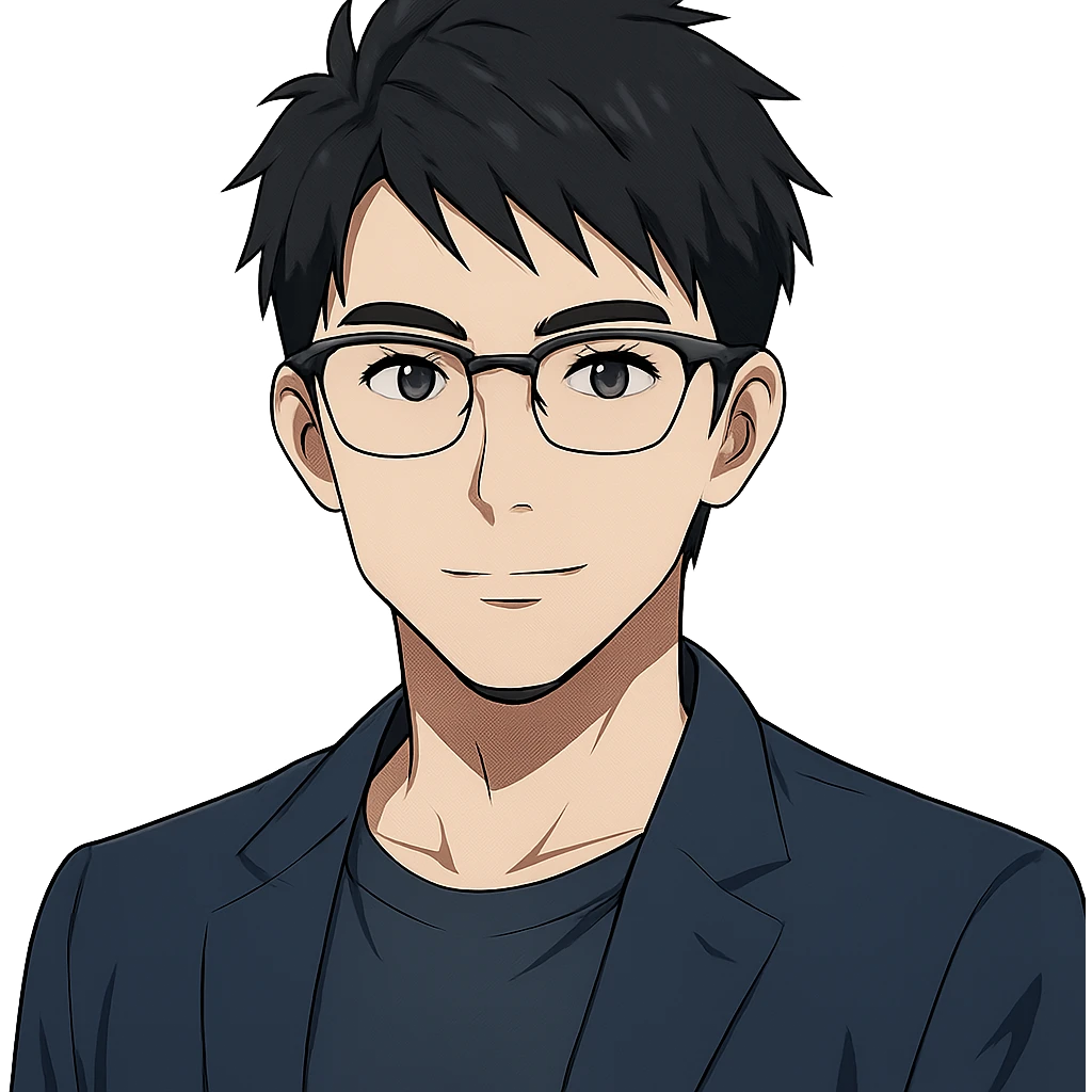 anime style Asian male, age 25, wearing Ray-Ban half frame glasses emoji