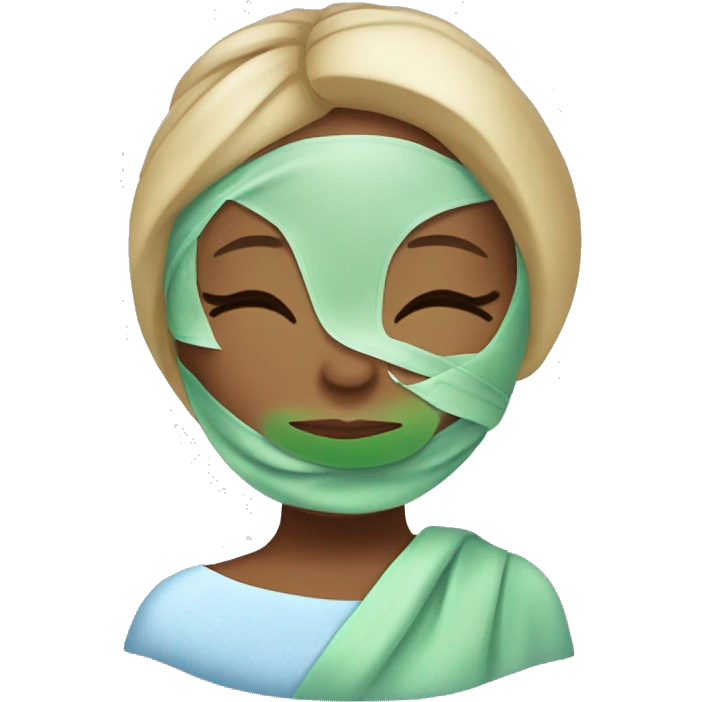 A girl’s face with a blue relaxing spa mask on, her eyes closed, with a peaceful and serene expression. Her hair is tied back with a towel wrap, and there are small details of cucumber slices placed over her eyes. emoji