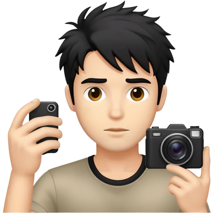 a man with black messy hair taking a photo emoji