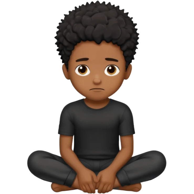 cute brown skin boy, no smile just sitting there looking tuff, black hair, sponge messy freeform’s.  emoji