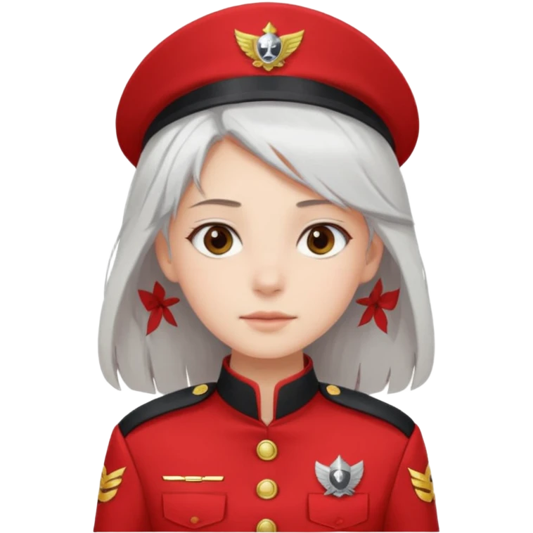 a girl with white loose hair, gray eyes maintains a calm expression on her face in a red captain's uniform to the waist emoji