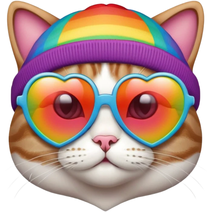 cat wearing a rainbow beanie and heart-shaped sunglasses emoji