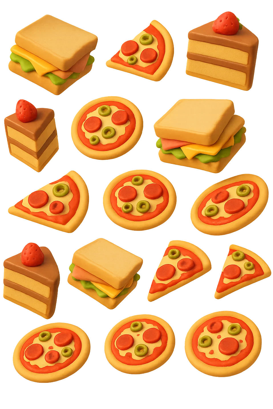 pizzette, fette di torta e panini, fluttuano in aria in 3d, sfondo bianco emoji